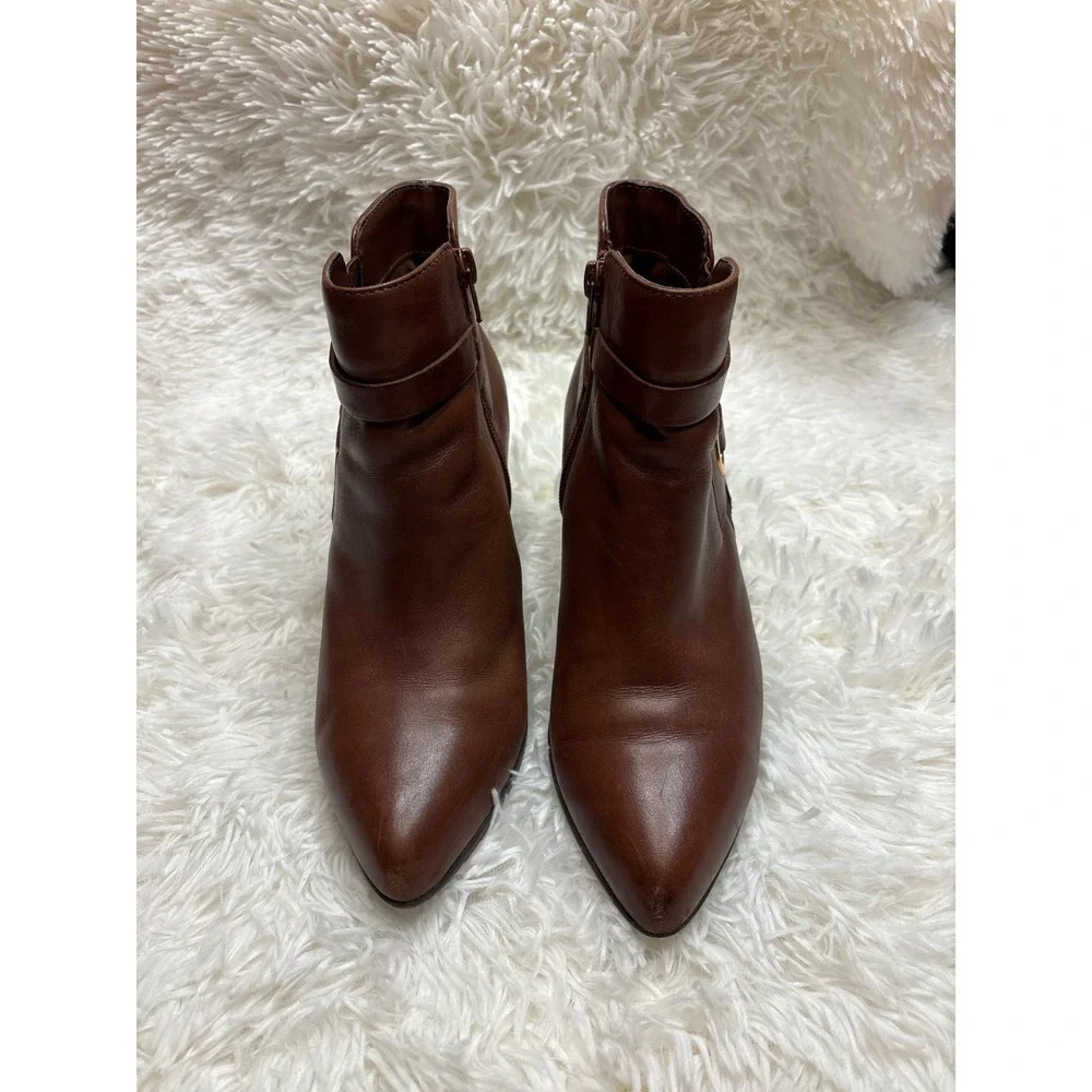 Anne Klein Iflex Brown Leather Ankle Boots Almond Toe Block Heel Size 9.5M